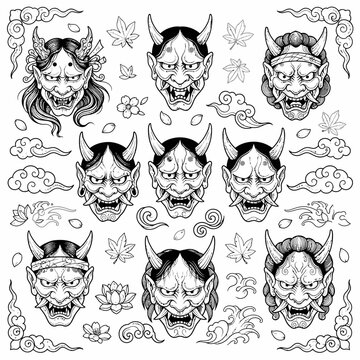 Unlock the power of traditional Japanese ink with this premium tattoo flash collection. Featuring intricately detailed Oni demon masks, authentic Samurai Kabuto helmets, and sacred Sakura blossoms, th