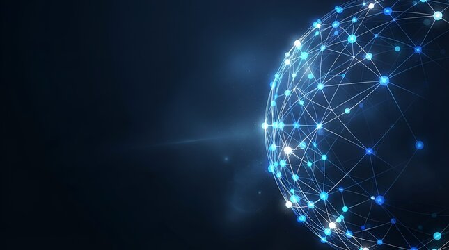 Glowing blue digital globe made of interconnected dots and lines representing global communication and network connectivity in dark space