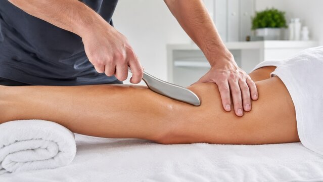 Physical therapist using IASTM tool on patient hamstring