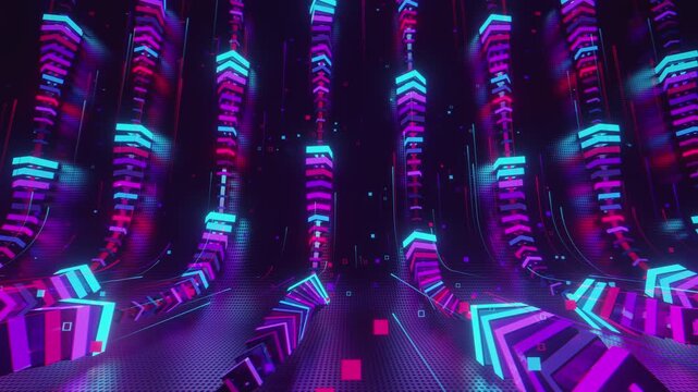  Hypnotic seamless loop of a futuristic geometric array. Abstract digital system made of rotating square prisms, crystalline lattices and textured metal grids, creating deep abstract background.