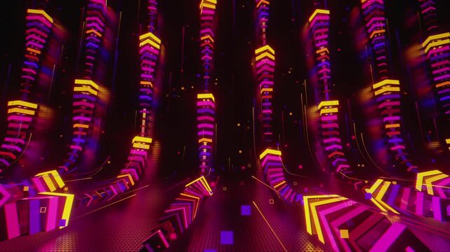  Hypnotic seamless loop of a futuristic geometric array. Abstract digital system made of rotating square prisms, crystalline lattices and textured metal grids, creating deep abstract background.
