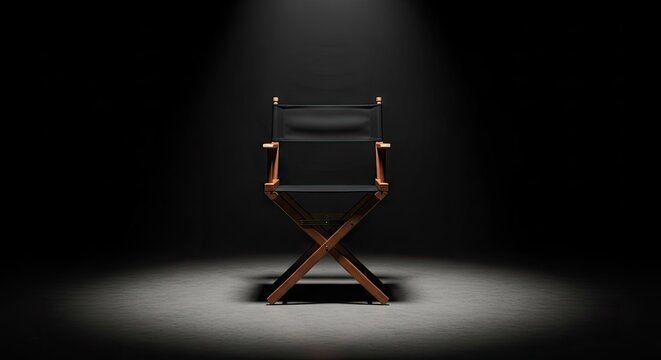 Black director chair on dark stage with spotlight.