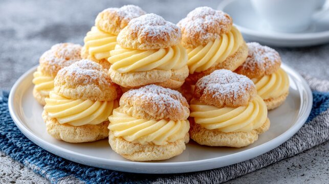 Group of custard filled profiteroles on plate.