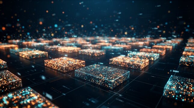Futuristic digital grid with glowing data blocks and floating particles representing cloud computing storage and information processing systems