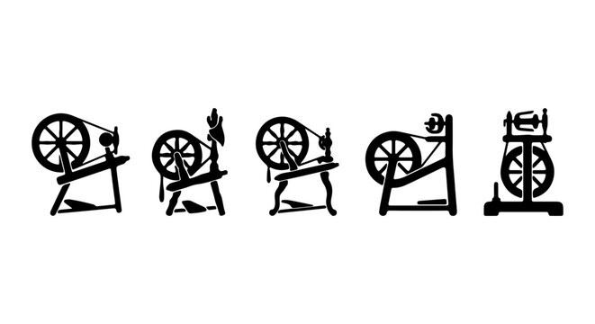 Vintage Spinning Wheel Icons, Traditional Textile Craft Tools, Rustic Farmhouse Decor Elements, Historical Manufacturing Equipment