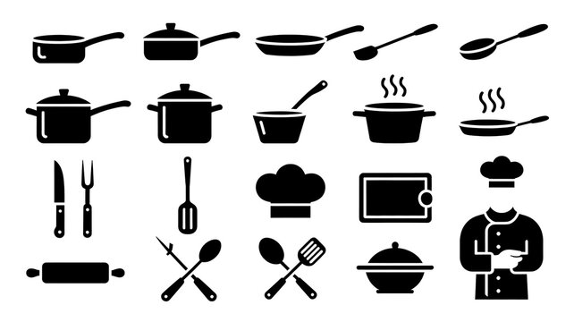 Kitchen utensil collection with chef silhouette during cooking preparation for culinary concepts