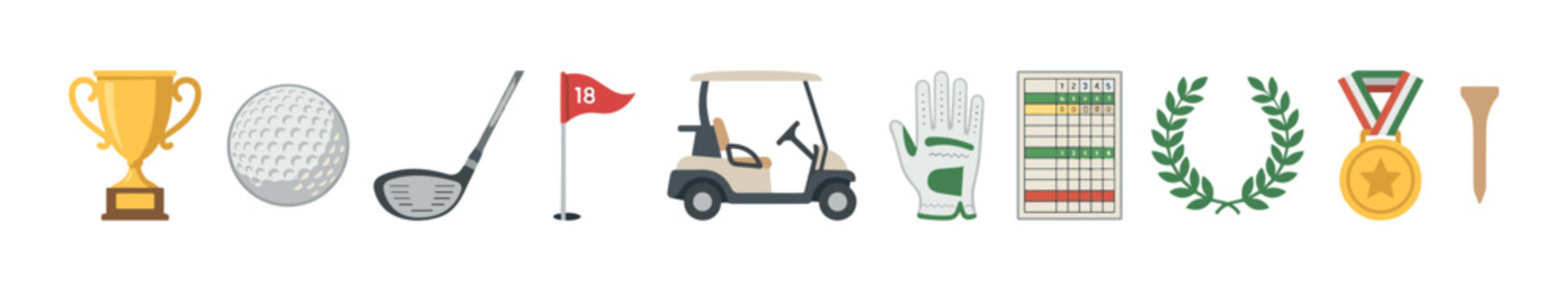 Comprehensive collection of essential golf equipment and accessories, including a trophy, ball, club, flag, cart, glove, scorecard, wreath, medal, and tee.