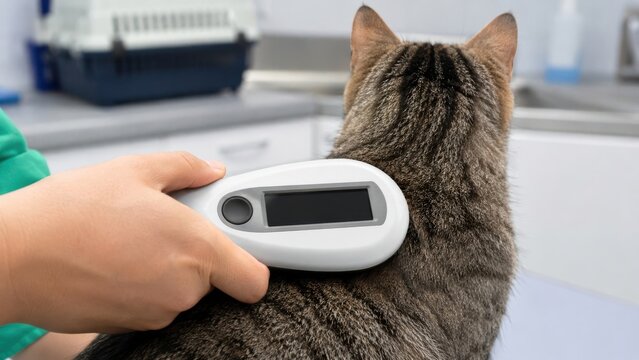 Veterinarian scanning tabby cat with microchip reader