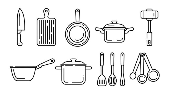 Kitchenware icons with a chef's knife cutting board pots pans and utensils in a modern line art style