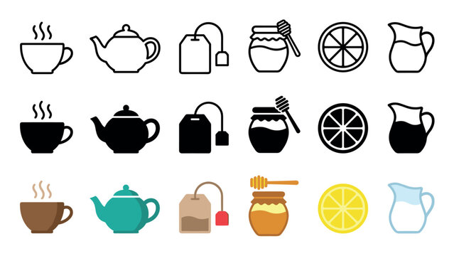 Tea related items icons collection showcasing cups, teapots, teabags, honey, lemon, and milk in various outline, solid, and colored styles.