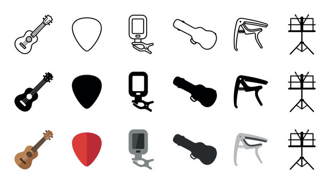 Ukulele pick tuner case capo music stand icons illustrate essential musical equipment and accessories for string instruments in three distinct visual styles.