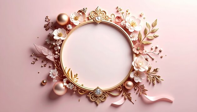 Elegant floral frame with golden accents on a soft pink background design