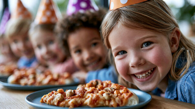 Kinder mit Partyh&uuml;ten sitzen am Tisch und lachen vor Pizzatellern