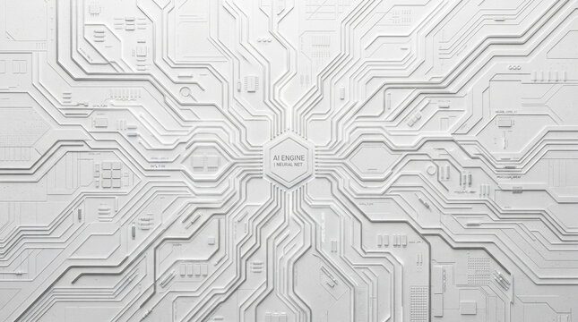 Detailed white artificial intelligence engine board showing complex circuit pathways in a clean modern aesthetic design