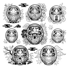 Fototapeta premium Set of Traditional Japanese Daruma Doll Illustrations Featuring Ornamental Floral Elements and Decorative Cloud Accents for Artistic Tattoo Designs