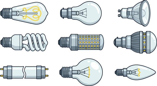 Different Types of Electric Light Bulbs and LED Lamps Vector Illustration Set Isolated on White Background