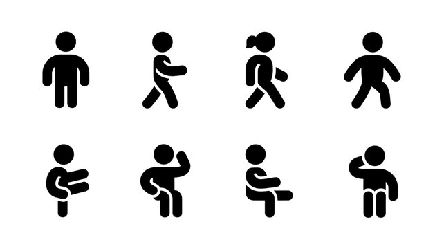 Diverse stick figure icons showing various human actions and poses against a plain field