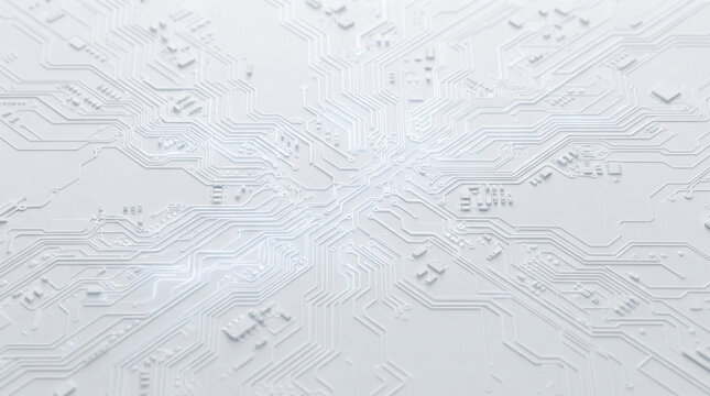 Abstract white circuit board pattern featuring intricate electronic pathways and modern hardware components on bright background