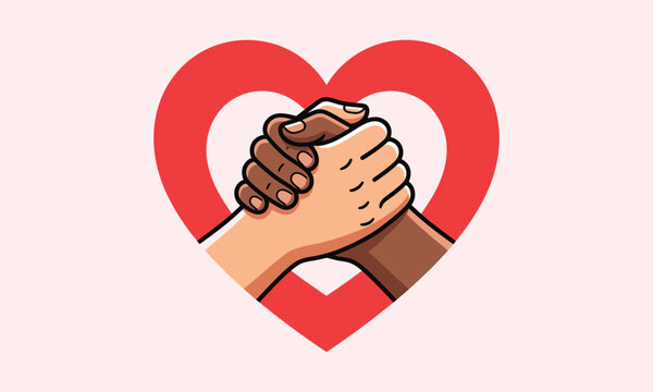 Diverse hands clasping together inside red heart for unity and solidarity