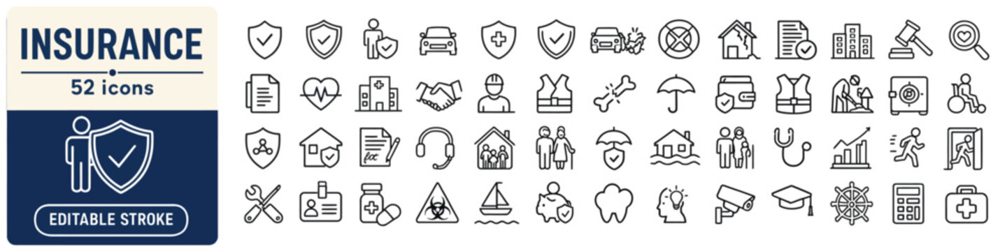 Insurance icon set with 52 editable stroke line symbols for auto health home life and business protection coverage concepts vector illustration
