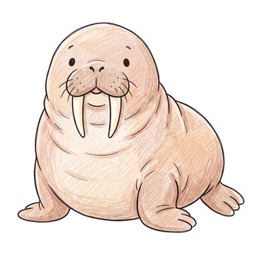 Cute Walrus Illustration: A charming, cartoon-style illustration of a walrus with prominent tusks and a friendly expression. This adorable creature is depicted in a simple, whimsical style.