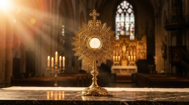 Eucharistic Holy Hour worship featuring a golden ostensory used during a Catholic church ceremony for the adoration of the Blessed Sacrament.