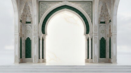 Obraz premium Stylish white and green patterns and ornate arch frame for a luxurious Arabic background