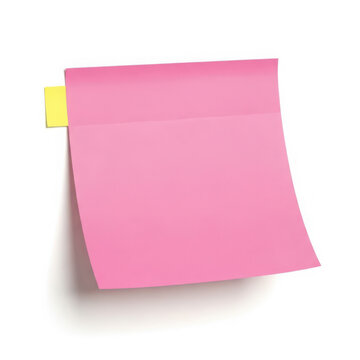 Pink sticky note attached to yellow corner flag isolated on transparent background