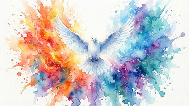 Descent of the Holy Spirit as a dove and fire in a Christian watercolor illustration for printing