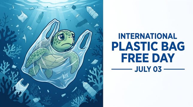 Turtle trapped in plastic bag underwater