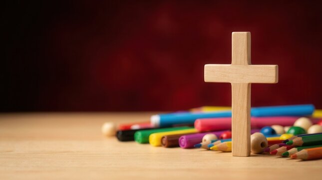 Christianity focused craft supplies and a wooden cross for Vacation Bible School with space for written content