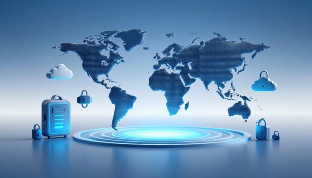 A digital map showcasing lock symbols and cloud graphics symbolizing the importance of cybersecurity and safeguarding data