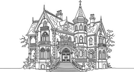 Detailed black and white line art illustration of a Victorian gothic mansion house. © Bejo