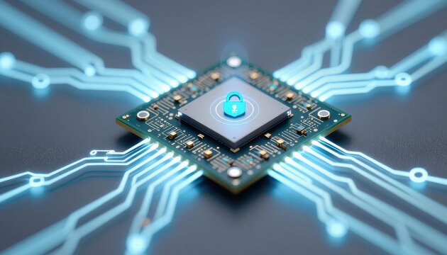 Advanced microchip featuring a lock symbol symbolizing the importance of cybersecurity and safeguarding data technology