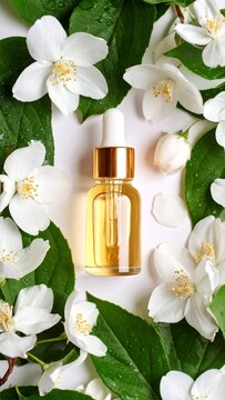 Golden elixir of nature: Essential oil with jasmine blossoms and green foliage