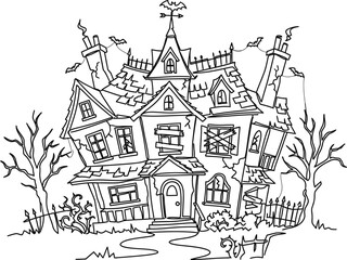 Naklejka premium Haunted Mansion Halloween Coloring Page Illustration.