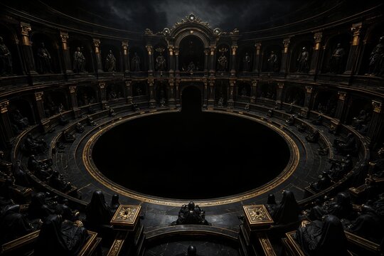 Opulent dark gothic amphitheater with gold accents, a pitch black void in the center, eerie luxury, dark surrealism, cinematic lighting, conceptual art.
