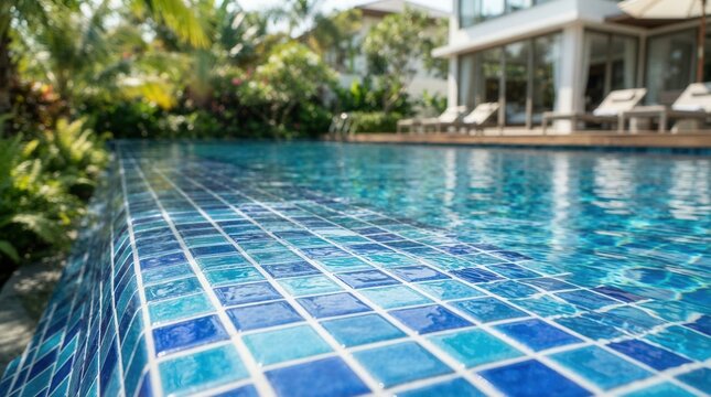 Lush greenery surrounds a tranquil blue tile pattern pool under illuminating natural sunlight