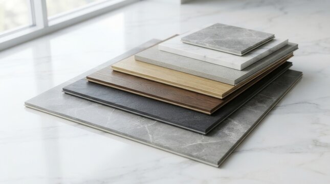 Interior design samples featuring a stack of luxury vinyl floor tiles on a white marble floor
