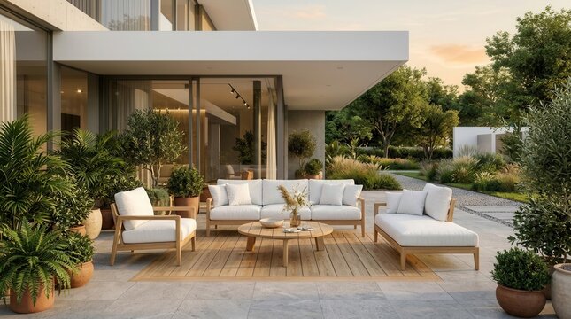 A modern garden furniture area situated on a spacious house terrace