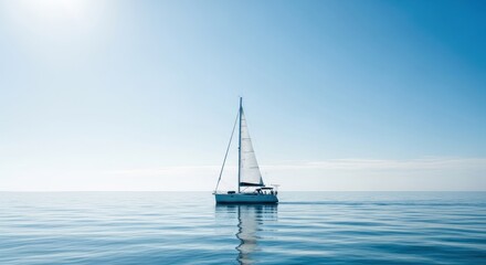 Fototapeta premium Serene Sailboat Gliding on Calm Ocean Under Vast Blue Sky.