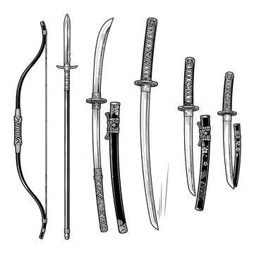 Hand Drawn Collection of Traditional Japanese Samurai Weapons Featuring Katanas Yumi Bows and Polearm Spears for Tattoo Flash Art
