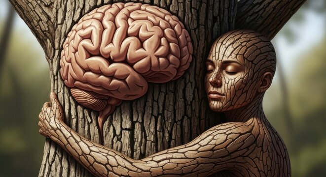 Human figure with tree bark texture hugging a large tree trunk featuring a set. containing and more. solid collection