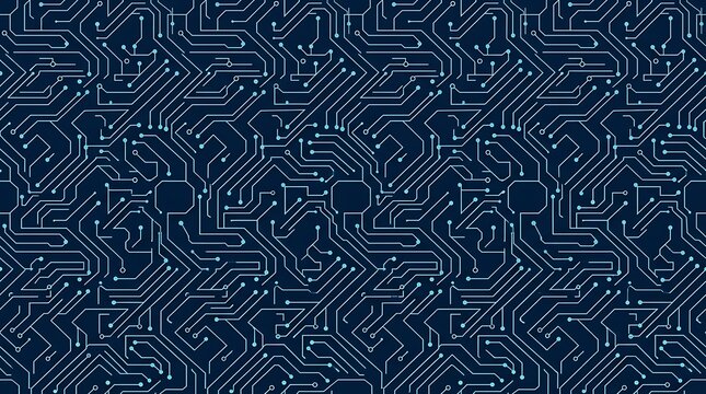 Intricate seamless pattern of white electronic circuit board lines and dots on a dark blue background, depicting digital system architecture