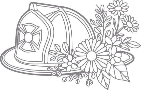 Un dibujo de l&iacute;nea en blanco y negro de un casco de bombero tradicional decorado con flores