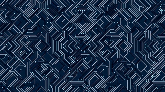 Seamless pattern of electronic circuit board lines and dots on a dark blue background, representing computer hardware, and data processing