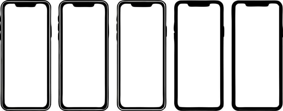 Create a series of smartphone mockups showing different notch styles and screen shapes. Include phones with a variety of notch placements (such as the classic top-center notch, a small punch hole, and