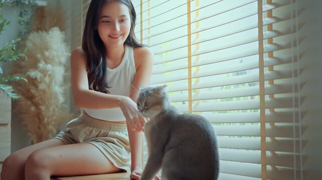 Happy Asian Gen Z woman playing with her grey scottish fold cat at home by the window. Beautiful young female owner bonding with pet in cozy living room with natural light. Concept of wellness
