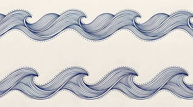 Blue wave border with dots and lines. Abstract nautical pattern for creative design.