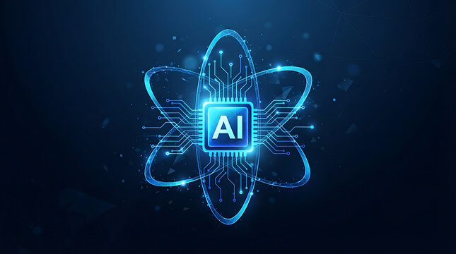 Digital artificial intelligence processor centered within glowing abstract atom particle model concept illustration with displays central microchip